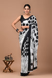 Bagru Printed White Cotton Saree