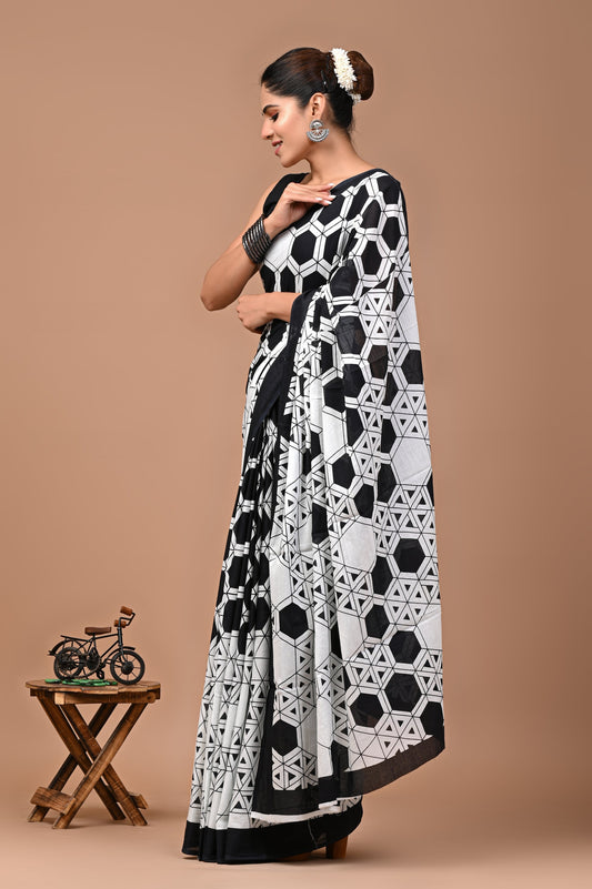 Bagru Printed White Cotton Saree