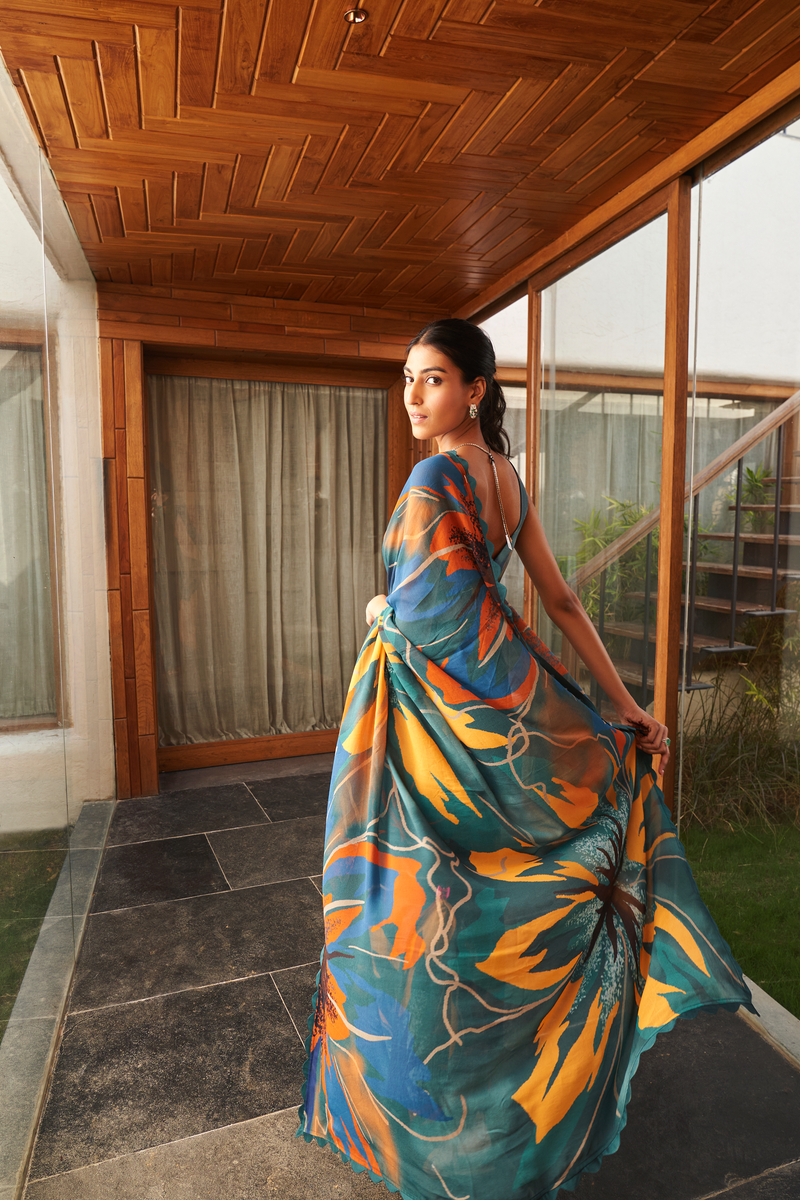 Designer Teal Blue Multicolor Printed Moss Saree