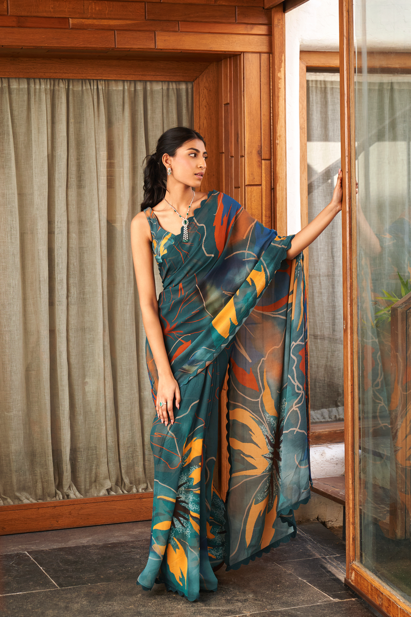 Designer Teal Blue Multicolor Printed Moss Saree