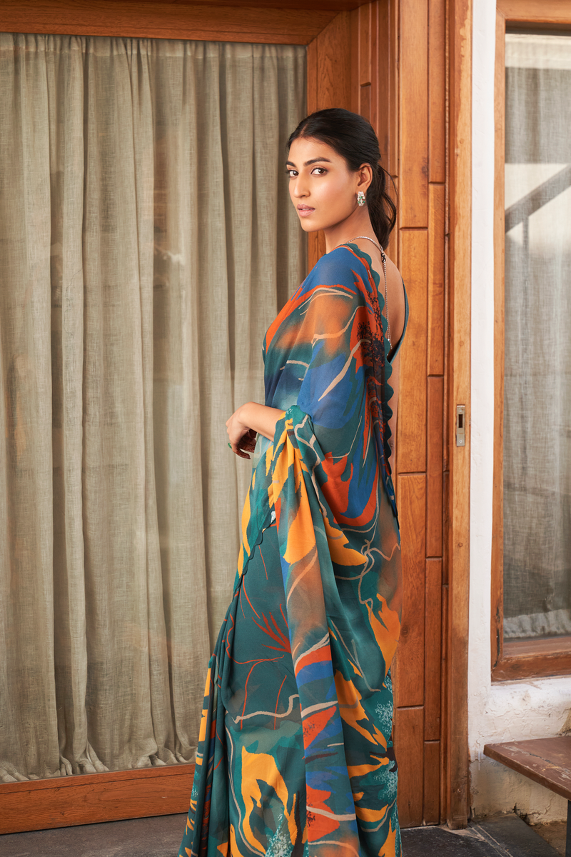 Designer Teal Blue Multicolor Printed Moss Saree