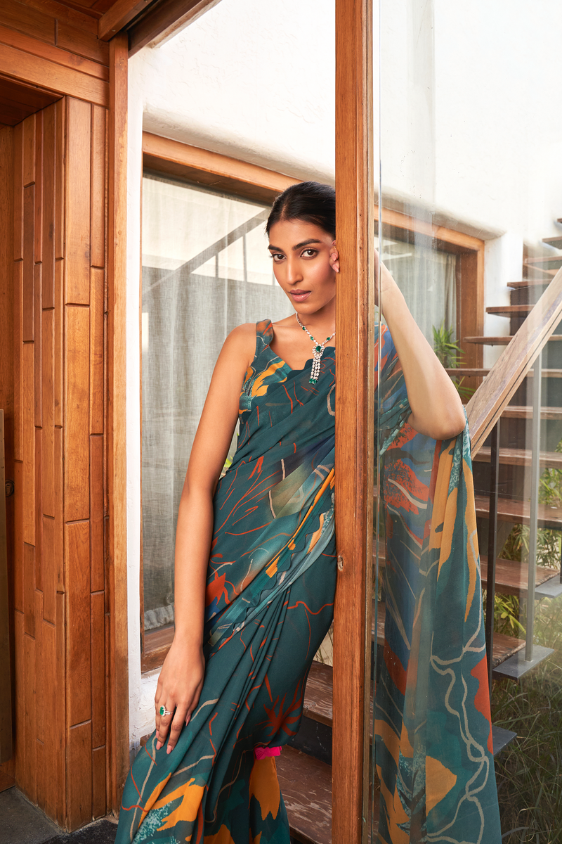 Designer Teal Blue Multicolor Printed Moss Saree