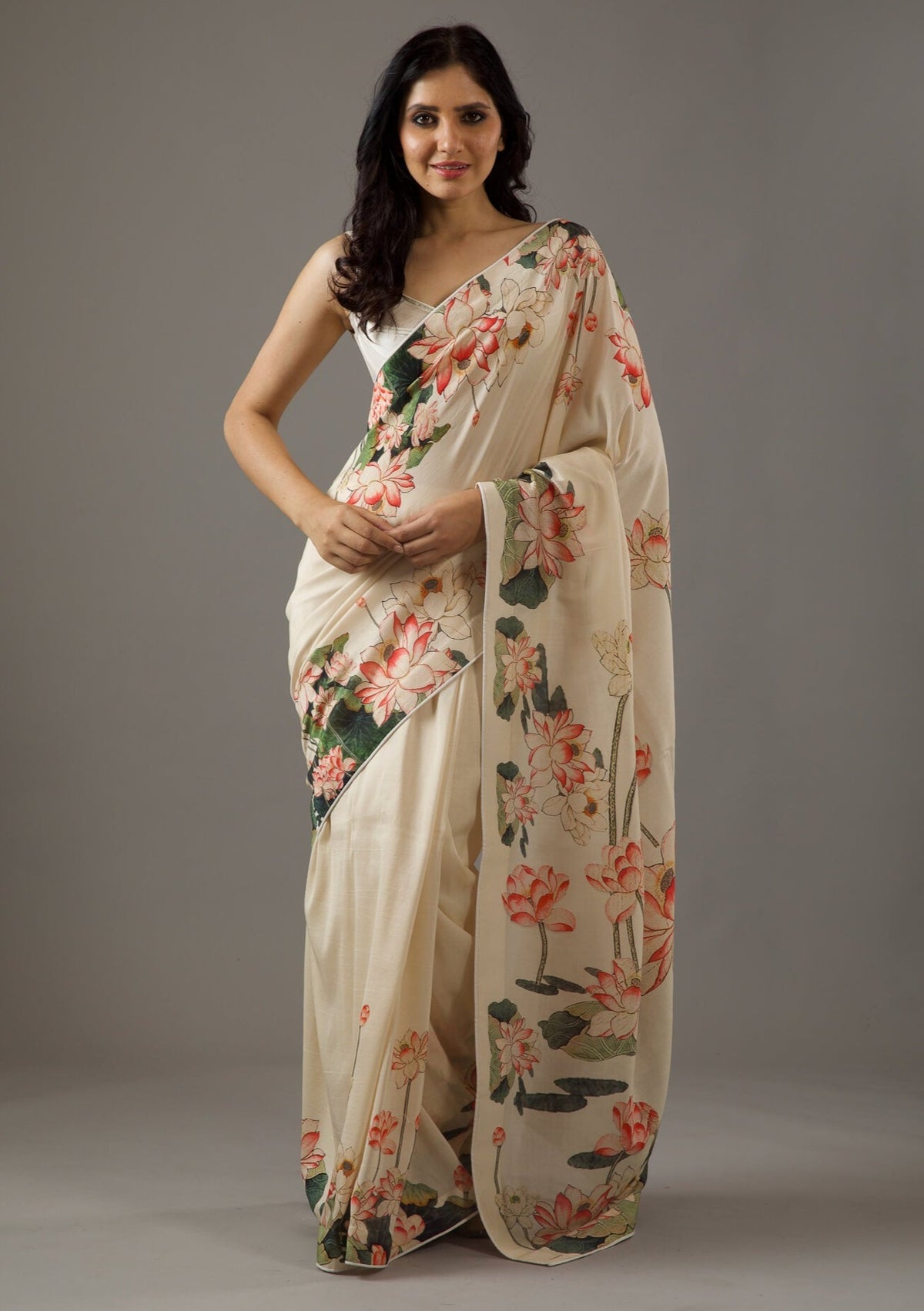 Ivory Silk Chanderi Printed Saree Set