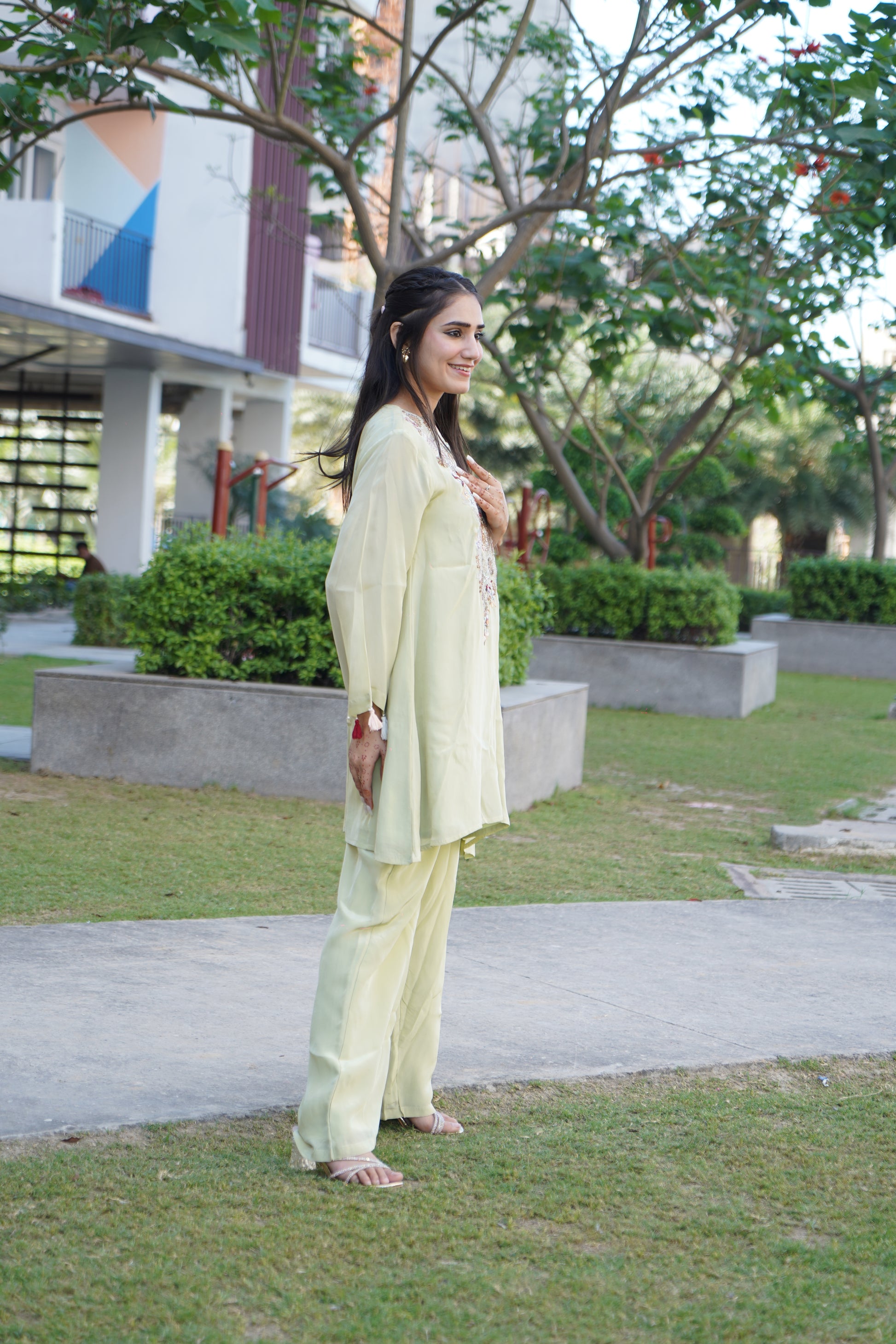 Designer embroidery work coord set for festive occasions.
