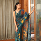 Elegant Designer Teal Blue Multicolor Printed Moss Saree