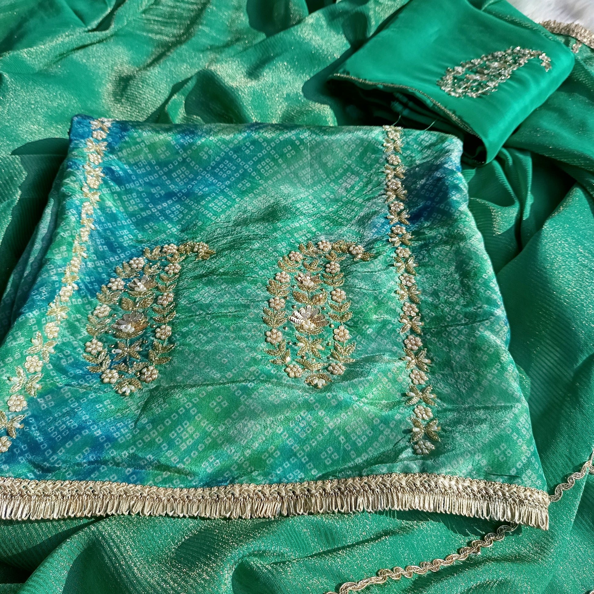 Elegant Bandhani organza silk suit with fine hand embroidery