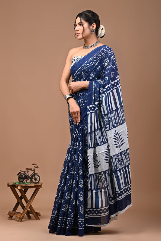 Elegant Pure Cotton Block Print Saree with ethnic motifs design