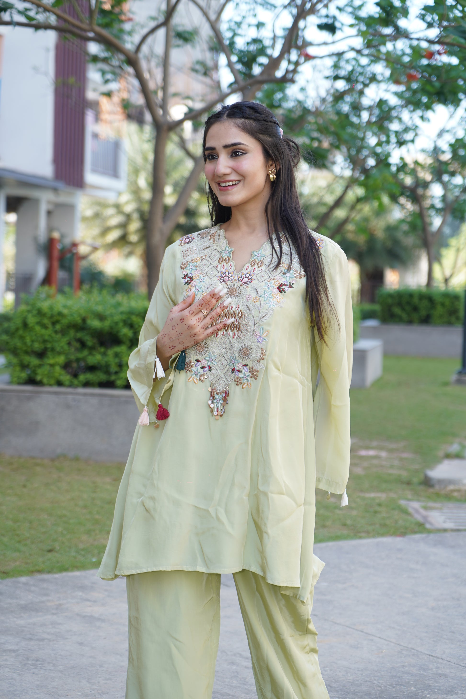 Festive embroidery work coord set with detailed patterns.