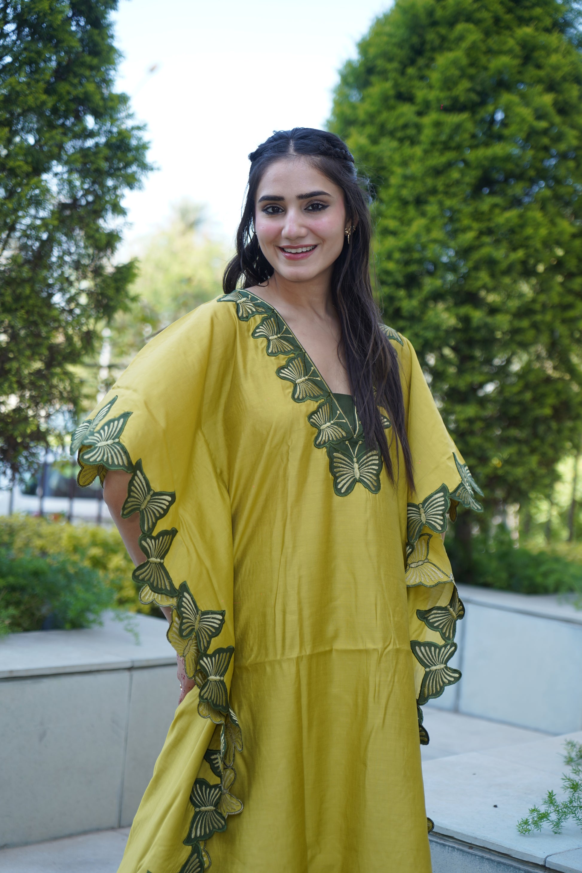 Festive satin kaftan style coord set with lace embellishment.