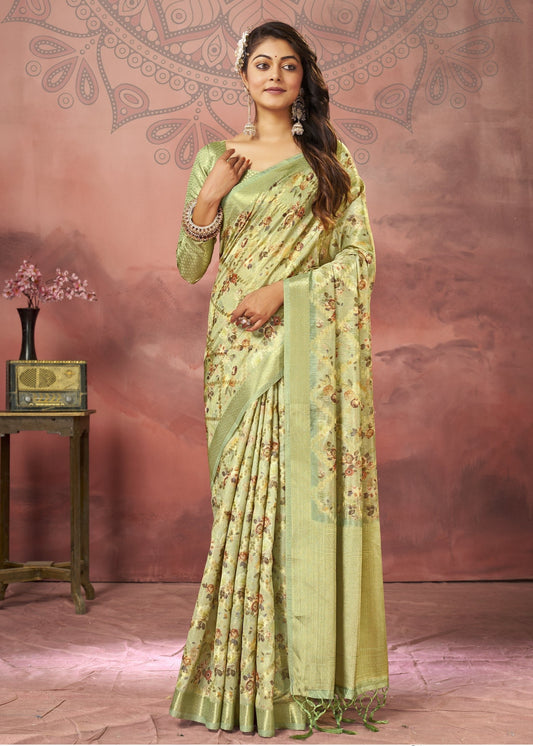 Floral printed zari silk saree