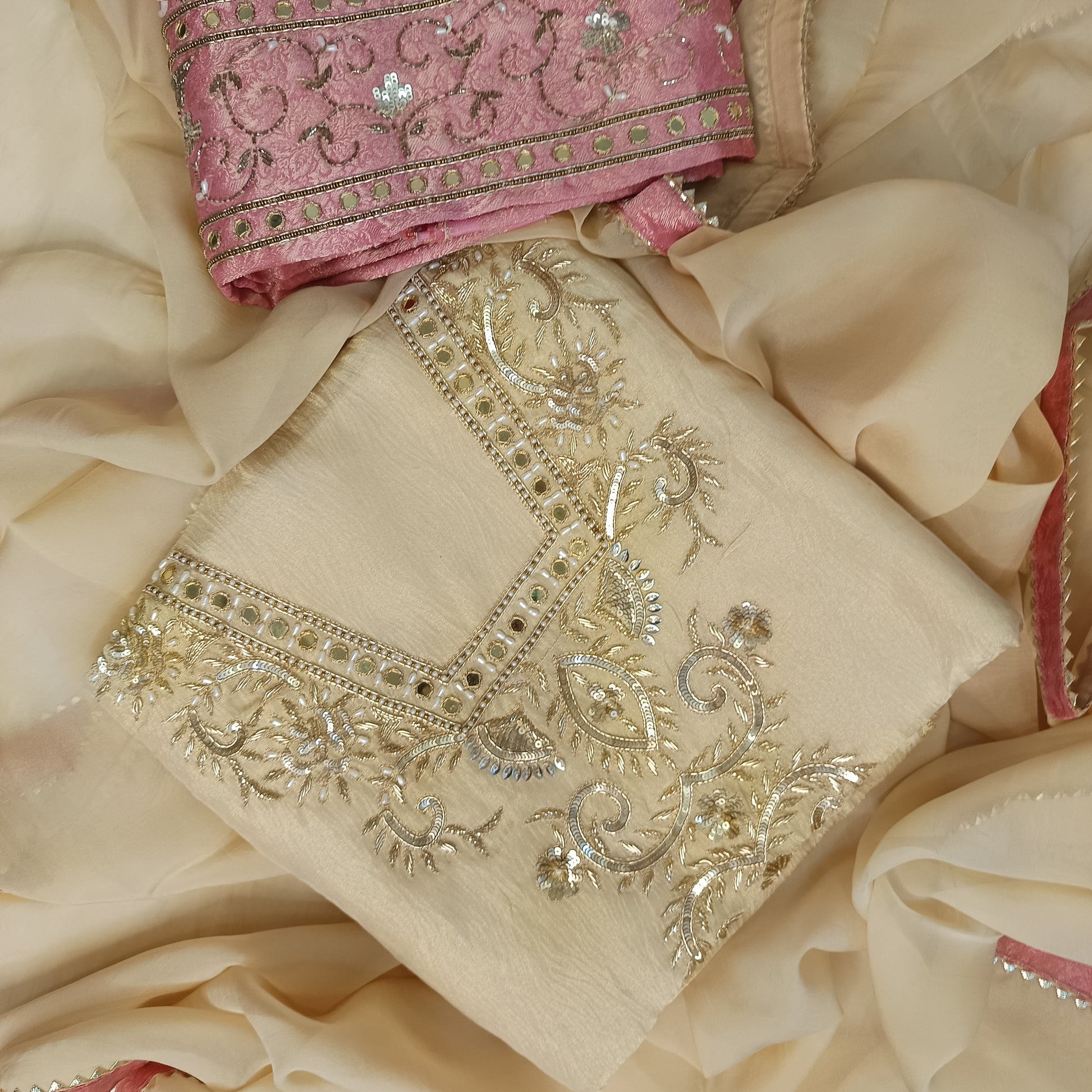 Elegant front design of the Gorgeous Pure Silk Suit showcasing rich silk fabric.