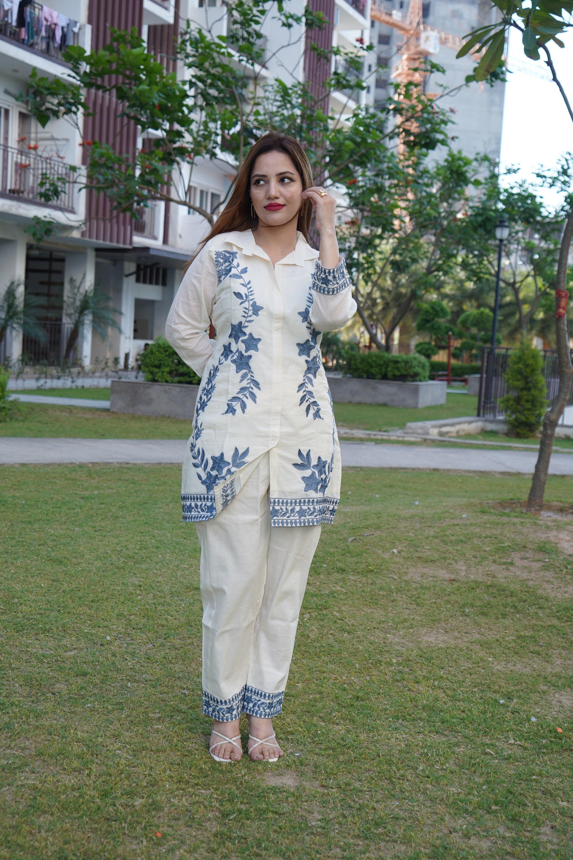 Graceful white with grey cord set featuring aari threadwork