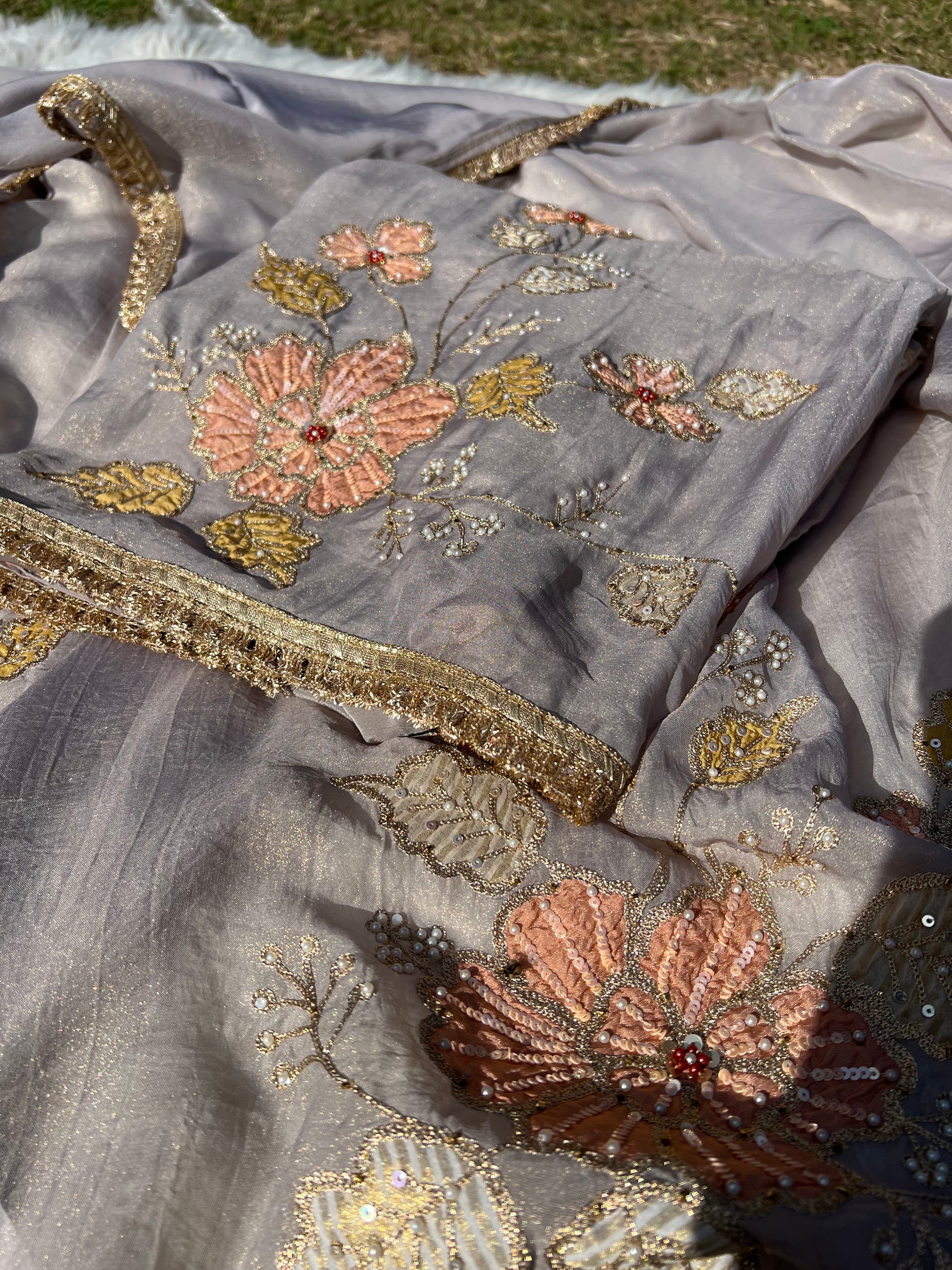 Complete set of grey organza silk suit with matching pants and dupatta