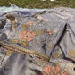 Close-up of grey silk dupatta with sheer organza fabric and subtle thread work