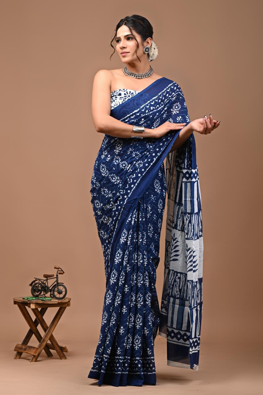 Printed Pure Cotton Mulmul Saree With Blouse