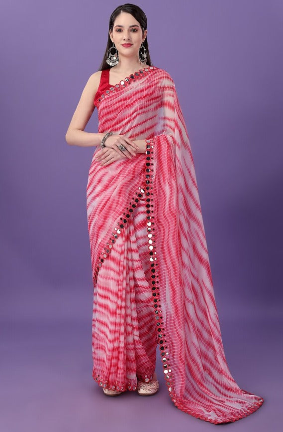 Glam Elegance Present Printed Leheria Georgette Saree (Pink)