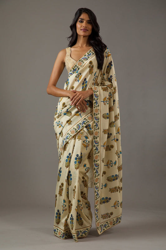 Cream Floral Printed Chiffon Saree