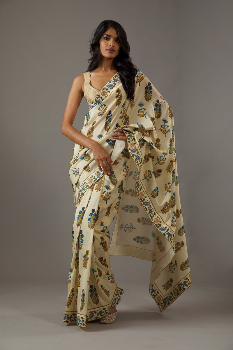 Cream Floral Printed Chiffon Saree