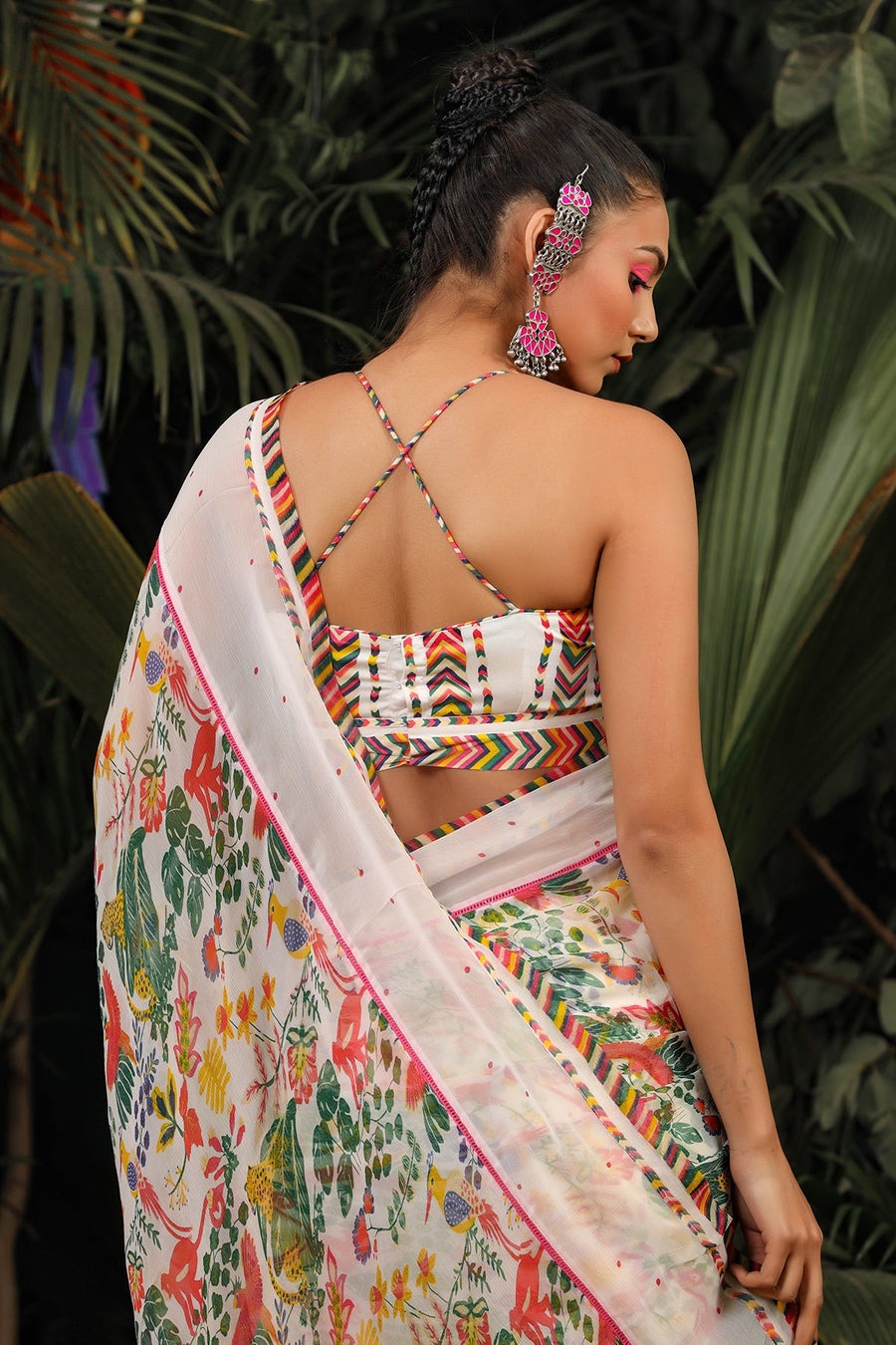 White Floral Digital Printed Georgette Saree