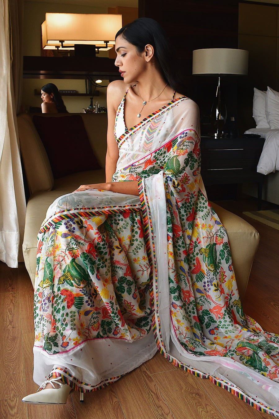 White Floral Digital Printed Georgette Saree