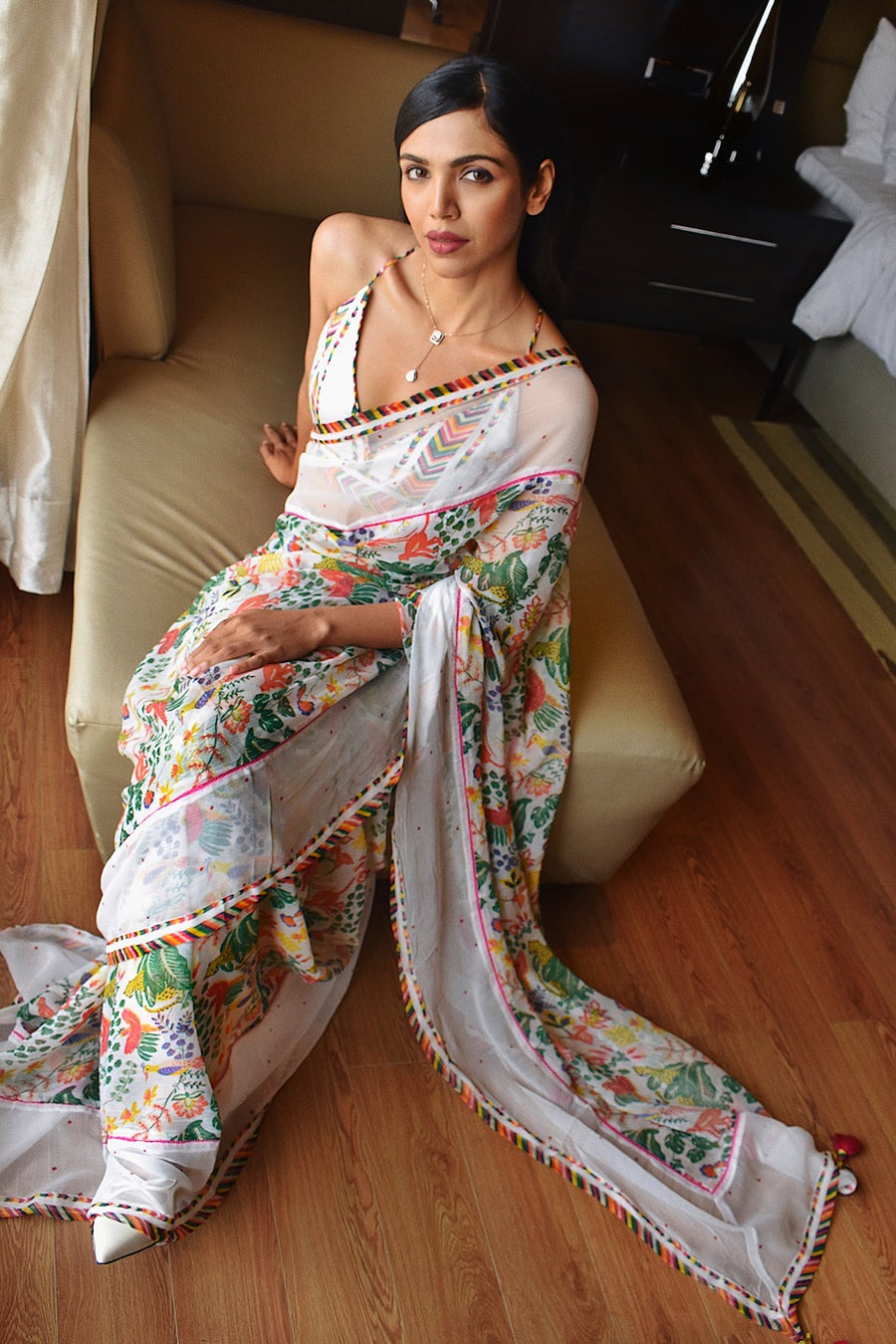 White Floral Digital Printed Georgette Saree