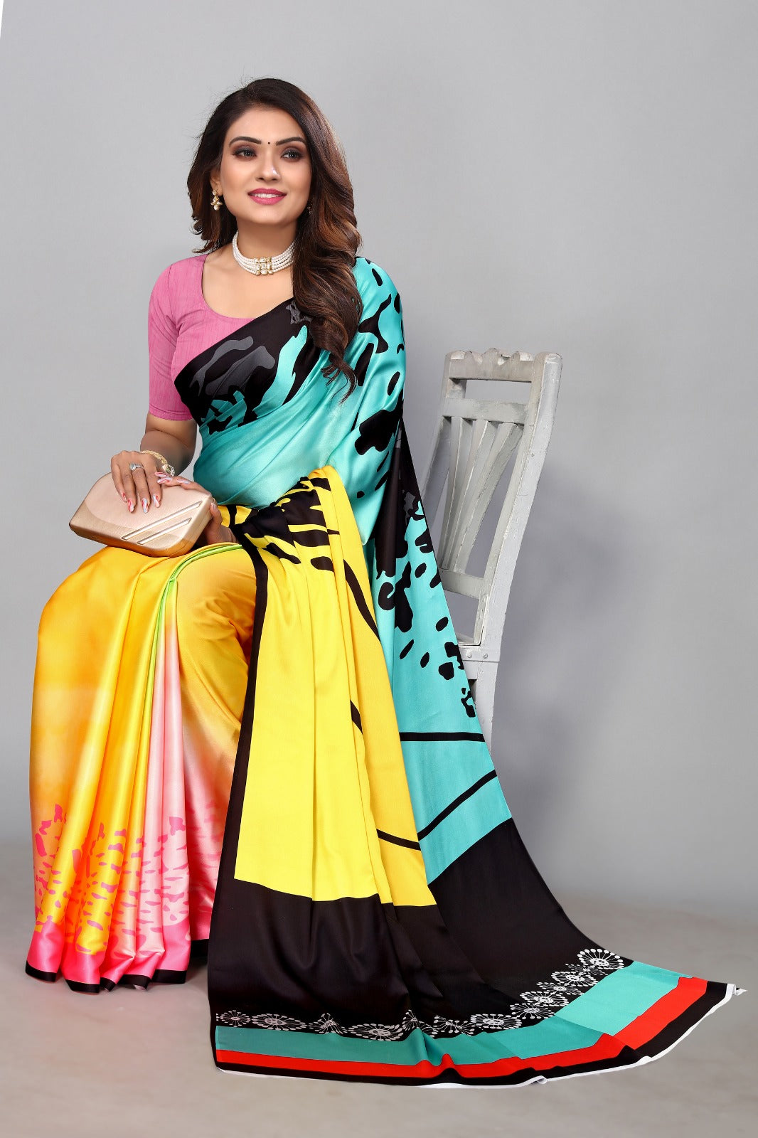 Soft Japan satin Multi saree with digital printed work