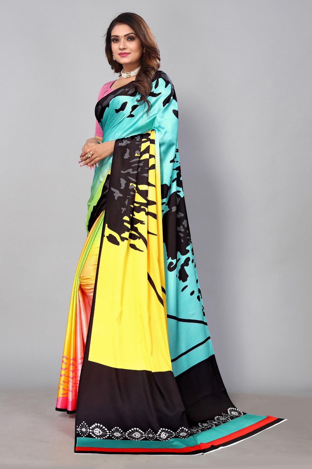 Soft Japan satin Multi saree with digital printed work