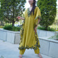 Luxe satin kaftan coord set featuring lace embellishments.