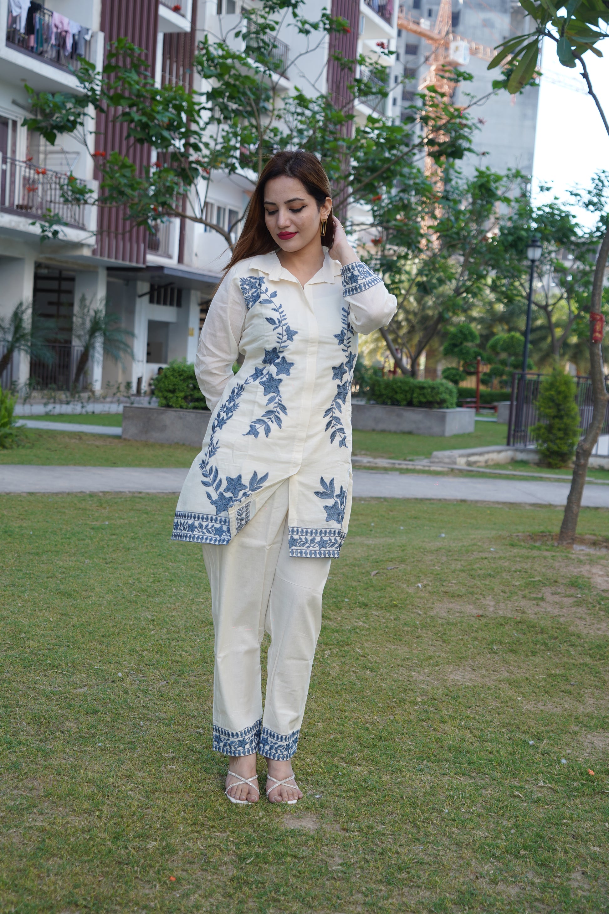 Modern white with grey cord set highlighted with aari work