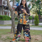 Modern black muslin co-ord outfit with digital artwork
