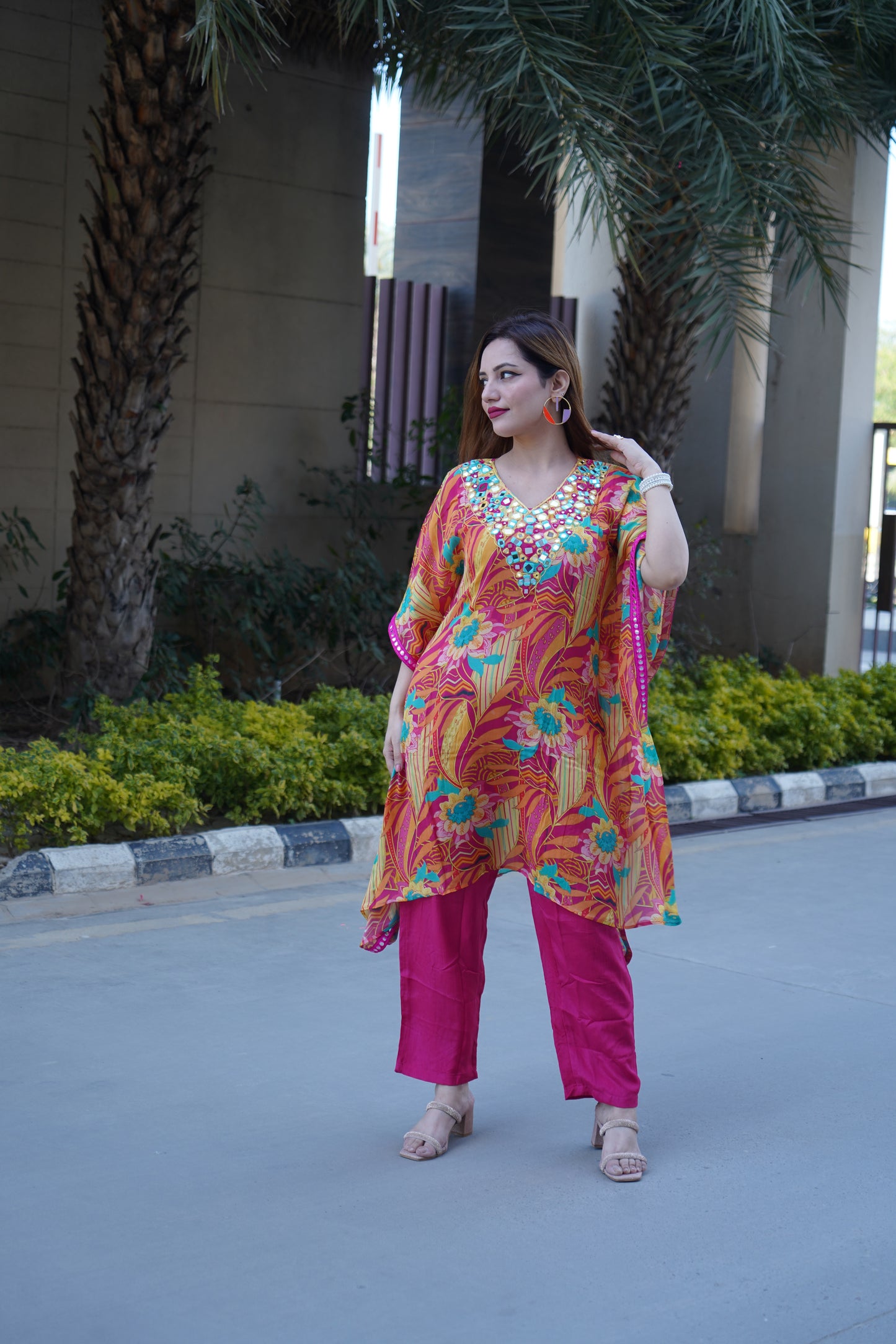 Modern mirror work kaftan look with ethnic charm