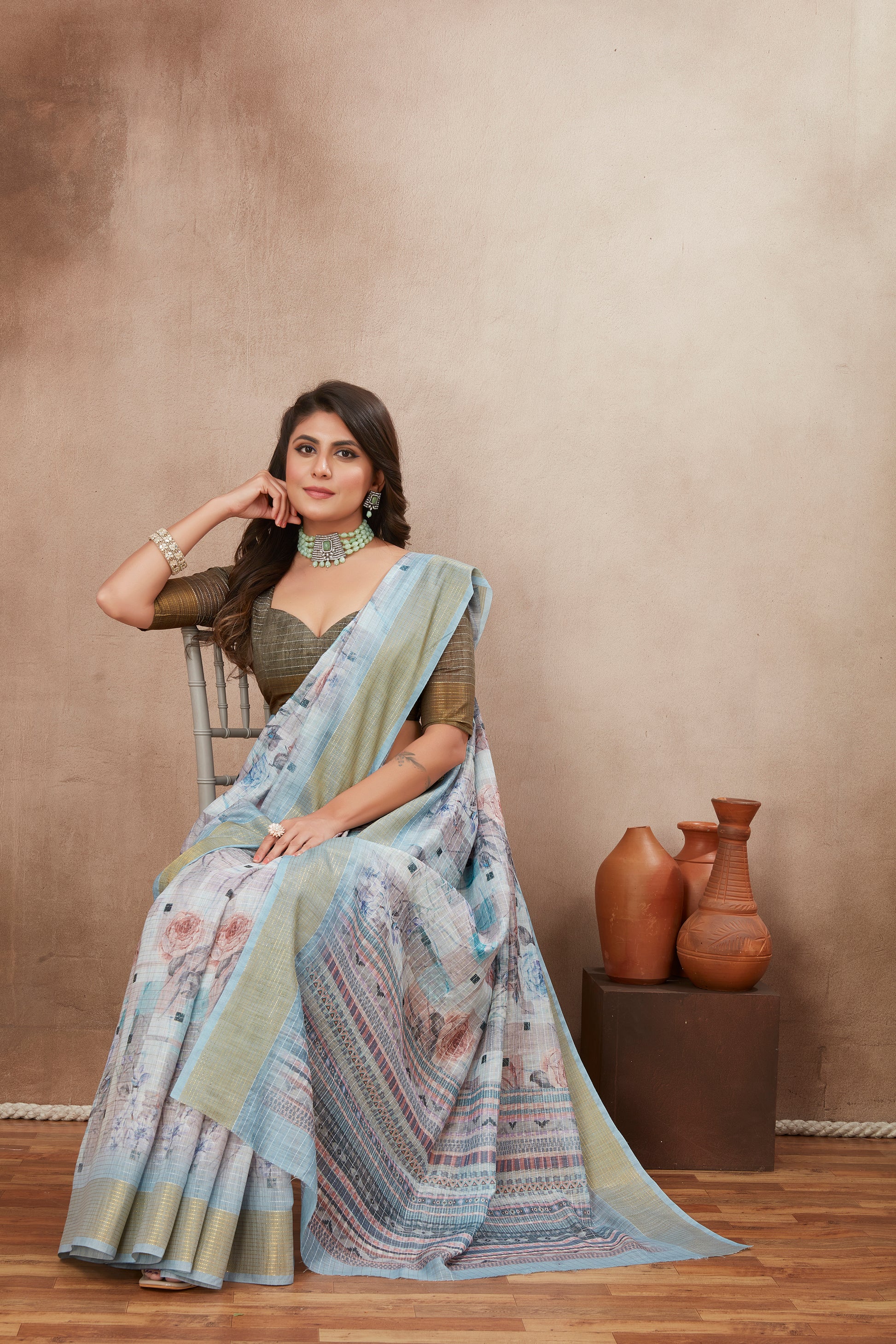 Pastel light blue cotton silk saree, blending comfort and style for versatile wear.