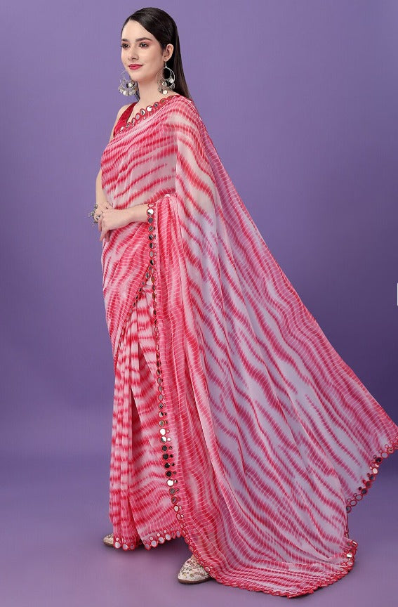 Ethnic pink georgette saree adorned with Leheria patterns, ideal for special events.