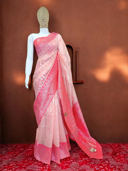 RedRuby Fashion’s elegant pink and silver-toned woven Organza Banarasi Saree.