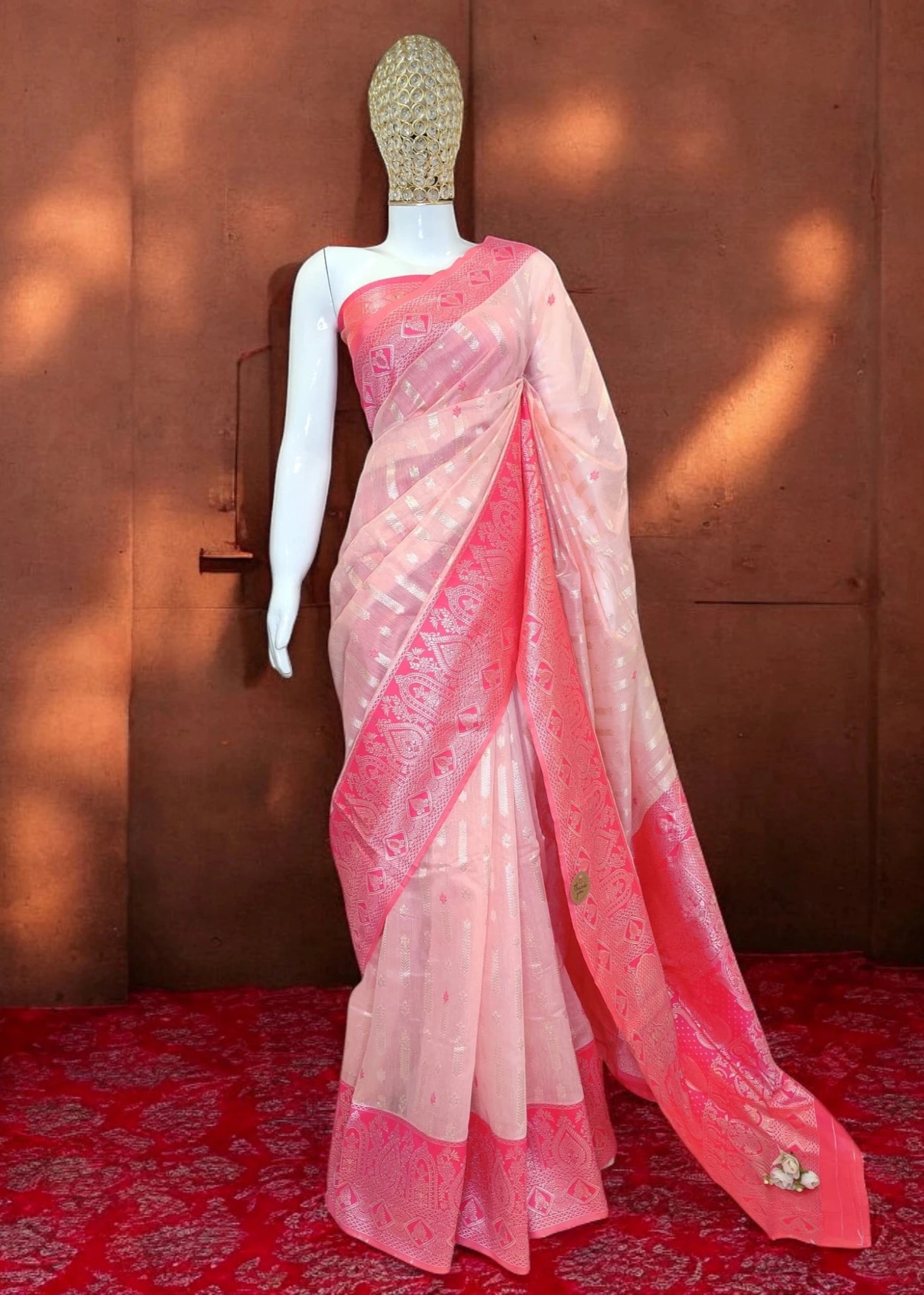 Pink & silver Organza Banarasi Saree by RedRuby Fashion, a blend of tradition and style.