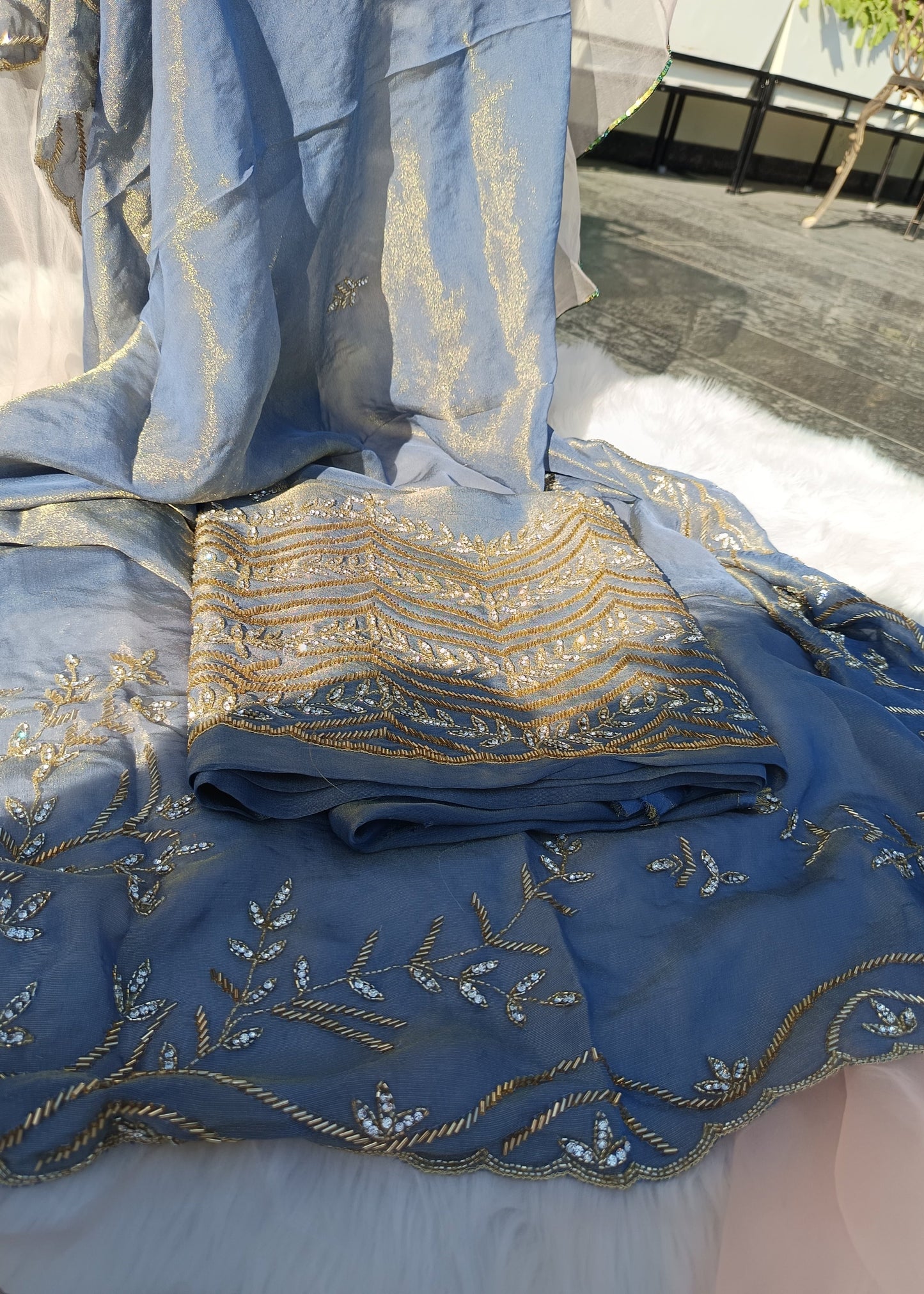  Intricate handwork and border detail on the dupatta of the Tissue Silk Suit