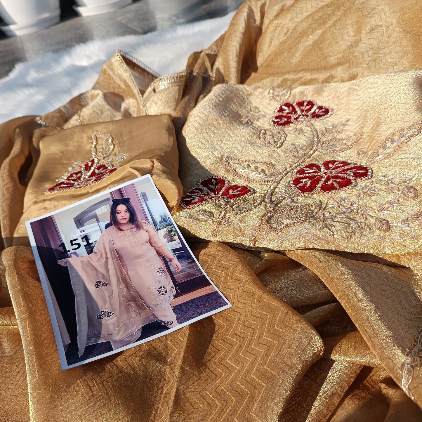 Elegant front design of the Pure Tissue Silk Suit showcasing intricate craftsmanship