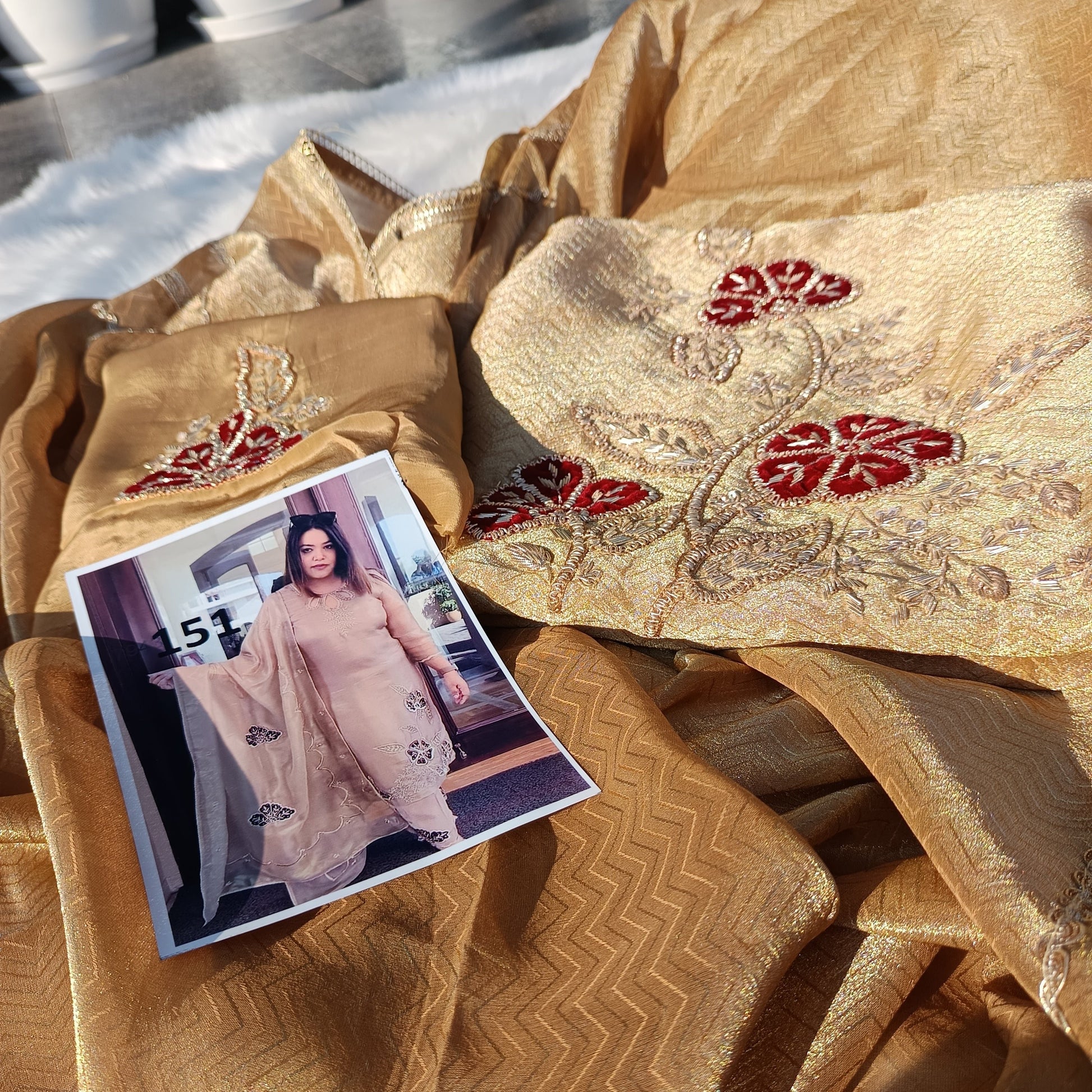 Elegant front design of the Pure Tissue Silk Suit showcasing intricate craftsmanship