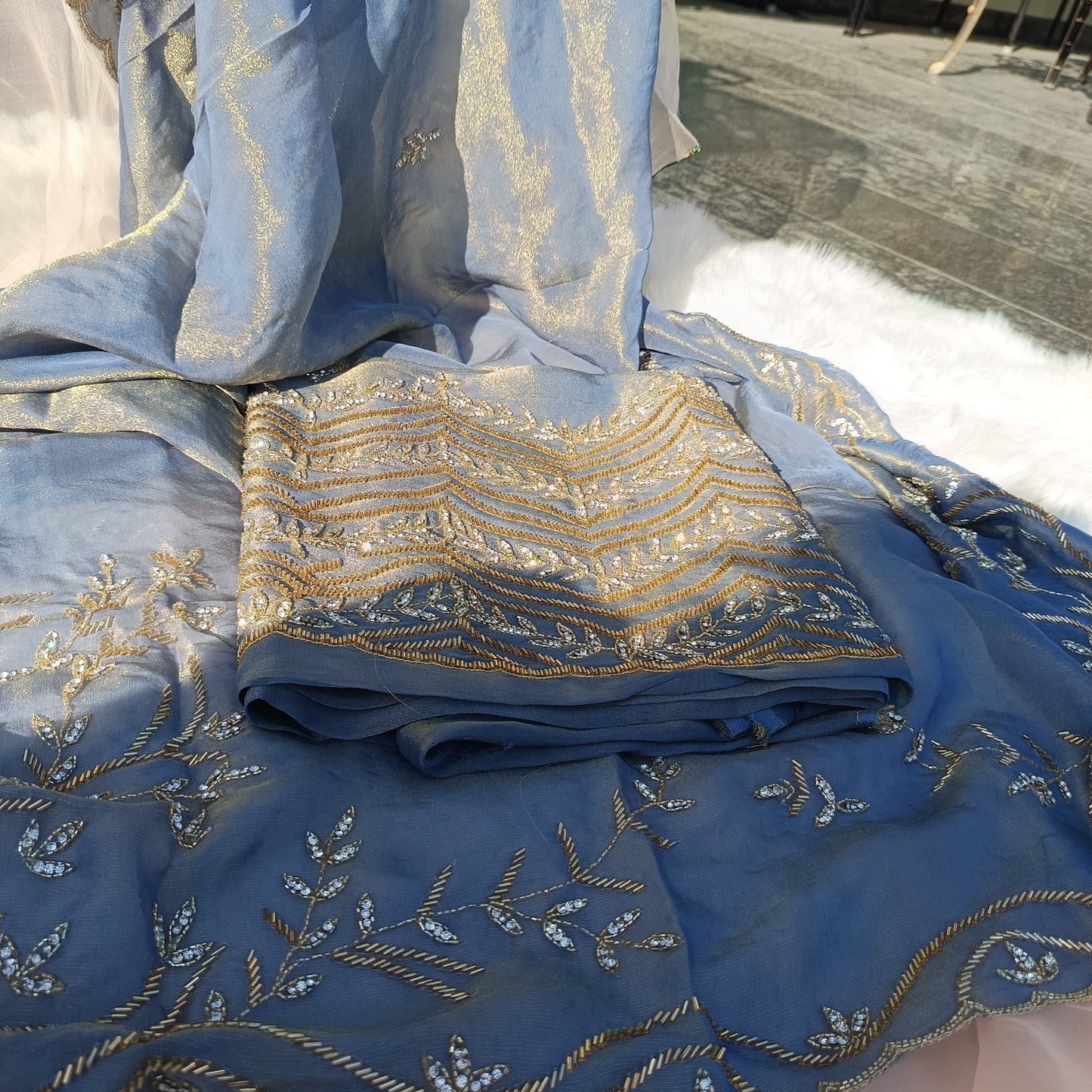 Elegant front view of the Pure Tissue Silk Suit with subtle shimmer and refined detailing