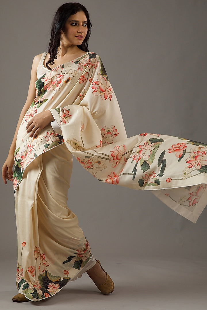 Ivory Silk Chanderi Printed Saree Set