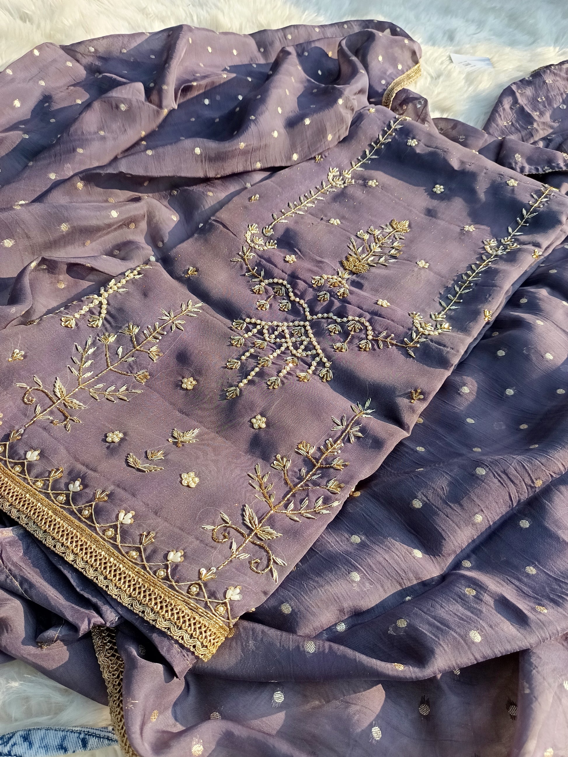Side angle showcasing the flowing fit and handwork of the Shimmer Organza Suit.
