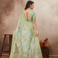 Woman draped in soft green ethnic saree with intricate border