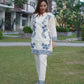 Stylish white with grey cord set featuring detailed aari work