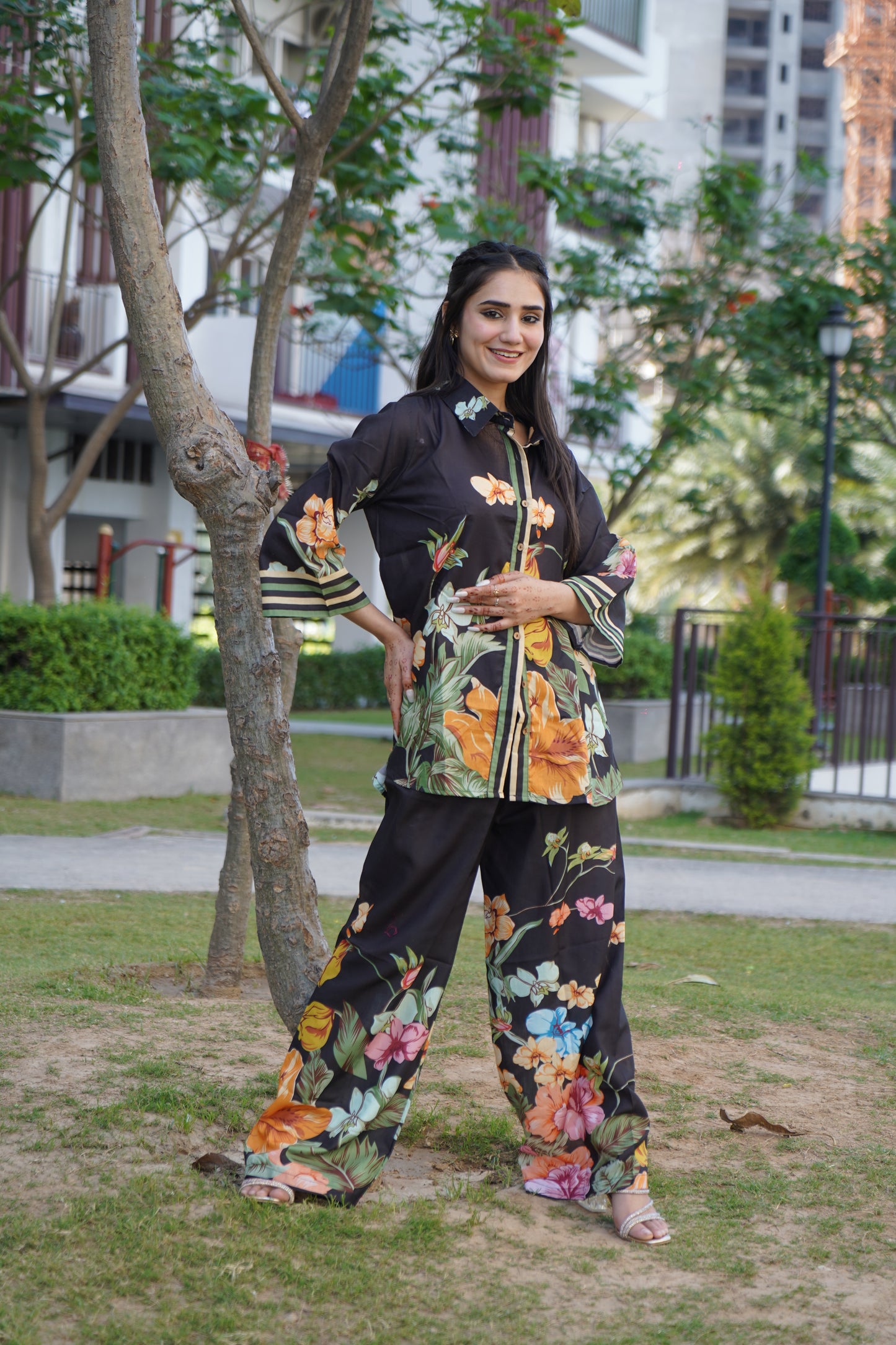Trendy black muslin digital print co-ord style