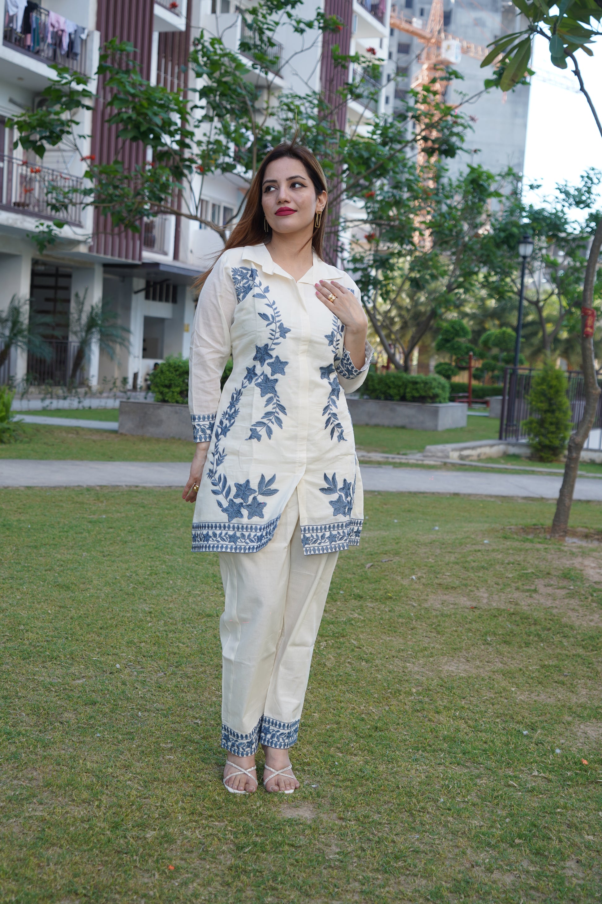 Trendy white and grey cord set with delicate aari embroidery