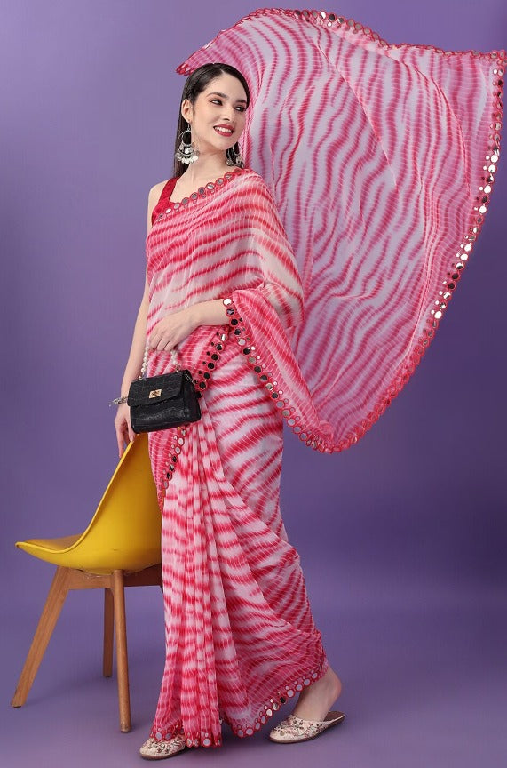 Elegant pink saree in Leheria pattern, crafted from lightweight georgette for all-day comfort.