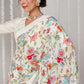 Stunning White Georgette Digital Printed Blooming Threads Saree