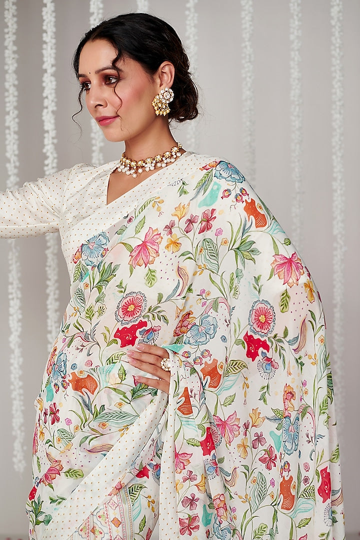 Stunning White Georgette Digital Printed Blooming Threads Saree