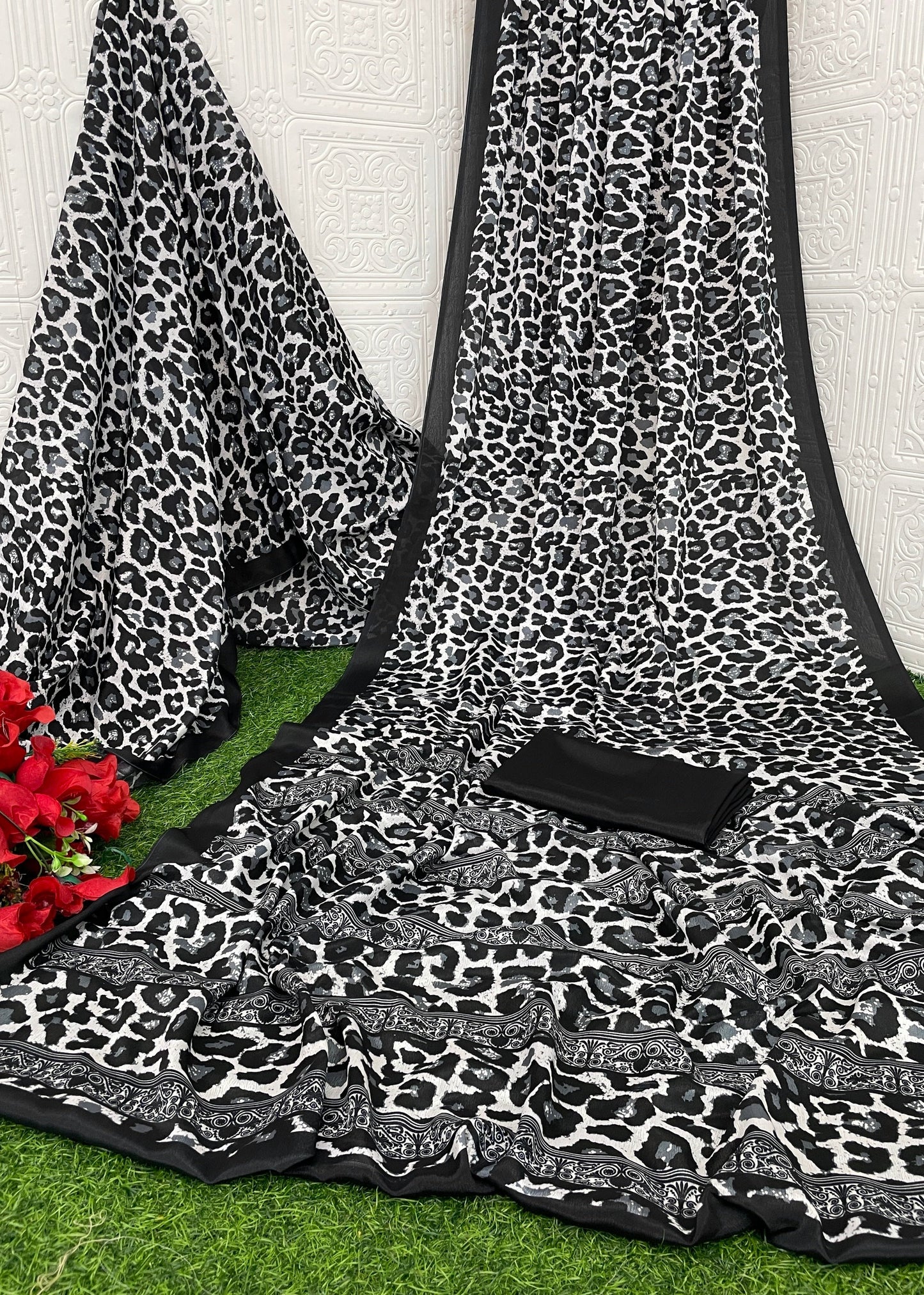 Abstract printed crepe saree by Red Ruby