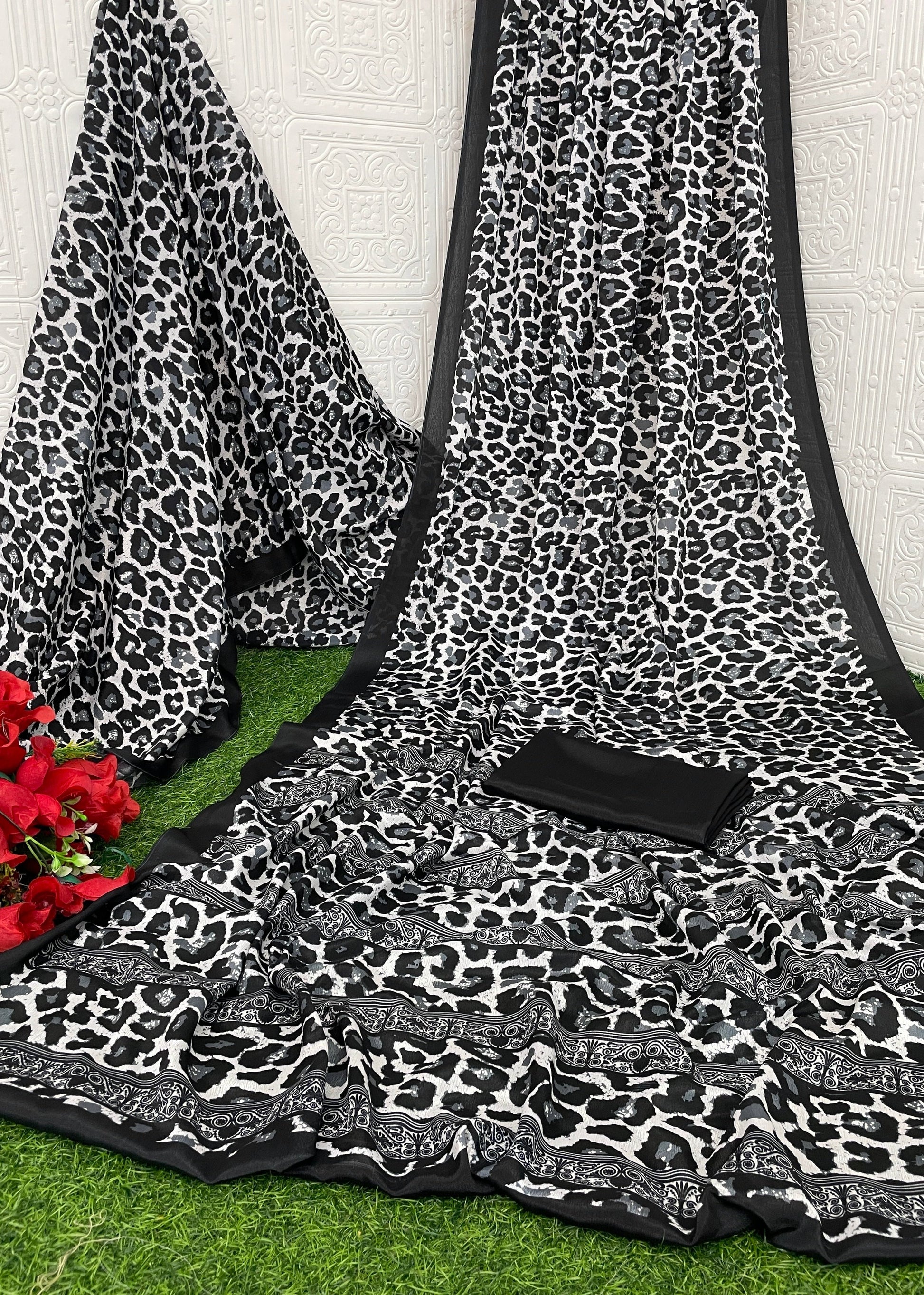 Abstract printed crepe saree by Red Ruby